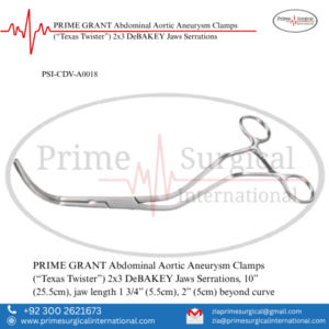 PRIME GRANT Abdominal Aortic Aneurysm Clamps (“Texas Twister”) 2x3 DeBAKEY Jaws Serrations