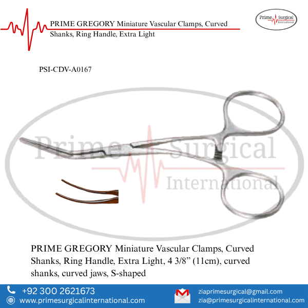 PRIME GREGORY Miniature Vascular Clamps, Curved Shanks, Ring Handle, Extra Light