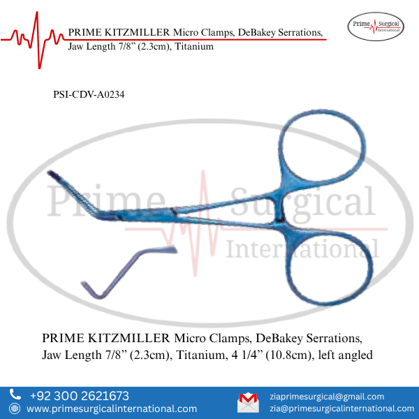 PRIME KITZMILLER Micro Clamps, DeBakey Serrations, Jaw Length 7/8" (2.3cm), Titanium