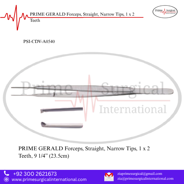 PRIME GERALD Forceps, Straight, Narrow Tips, 1 x 2 Teeth