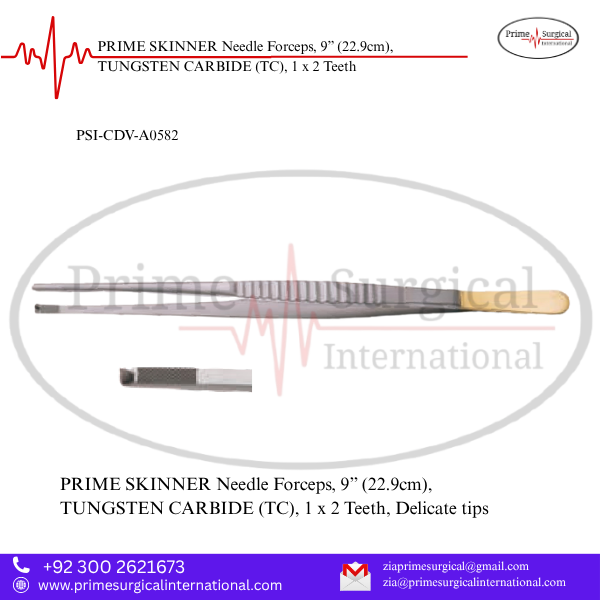 PRIME SKINNER Needle Forceps, 9” (22.9cm), TUNGSTEN CARBIDE (TC), 1 x 2 Teeth