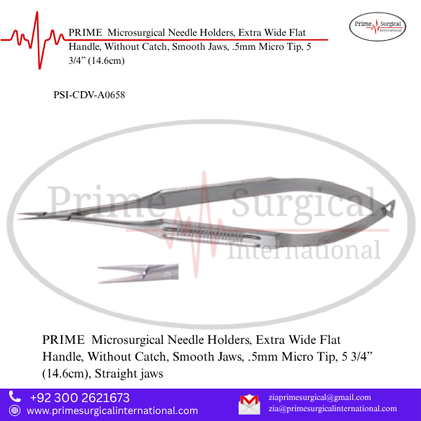 PRIME Microsurgical Needle Holders, Extra Wide Flat Handle, Without Catch, Smooth Jaws, .5mm Micro Tip, 5 3/4” (14.6cm)