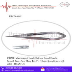 PRIME  Microsurgical Needle Holders, Round Handle, Smooth Jaws, .7mm Micro Tip, 7” (17.8cm) - TITANIUM