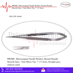 PRIME  Microsurgical Needle Holders, Round Handle, Smooth Jaws, .7mm Micro Tip, 7” (17.8cm)