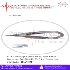 PRIME  Microsurgical Needle Holders, Round Handle, Smooth Jaws, .7mm Micro Tip, 7” (17.8cm) - TITANIUM