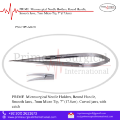 PRIME  Microsurgical Needle Holders, Round Handle, Smooth Jaws, .7mm Micro Tip, 7” (17.8cm)
