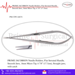 PRIME JACOBSON Needle Holders, Flat Serrated Handle, Smooth Jaws, .8mm Micro Tip, 6 7/8” (17.5cm)