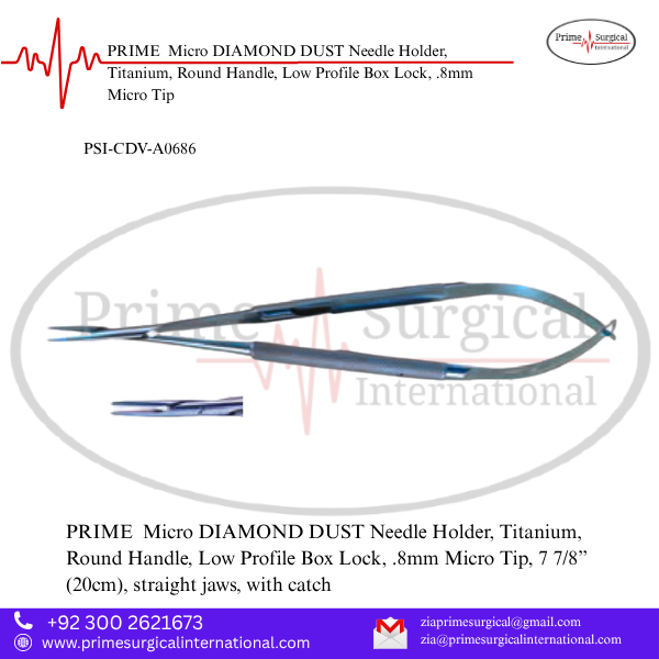 PRIME Micro DIAMOND DUST Needle Holder, Titanium, Round Handle, Low Profile Box Lock, .8mm Micro Tip