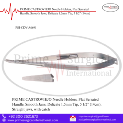 PRIME CASTROVIEJO Needle Holders, Flat Serrated Handle, Smooth Jaws, Delicate 1.5mm Tip, 5 1/2” (14cm)