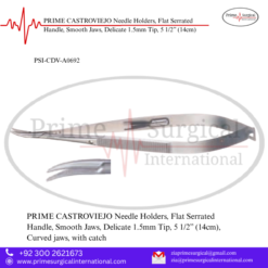 PRIME CASTROVIEJO Needle Holders, Flat Serrated Handle, Smooth Jaws, Delicate 1.5mm Tip, 5 1/2” (14cm)