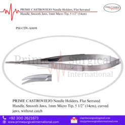 PRIME CASTROVIEJO Needle Holders, Flat Serrated Handle, Smooth Jaws, 1mm Micro Tip, 5 1/2” (14cm)