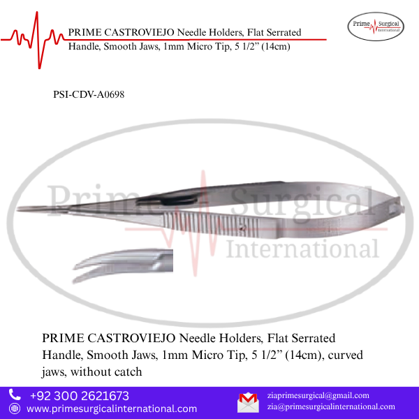 PRIME CASTROVIEJO Needle Holders, Flat Serrated Handle, Smooth Jaws, 1mm Micro Tip, 5 1/2” (14cm)