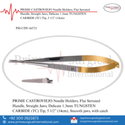 PRIME CASTROVIEJO Needle Holders, Flat Serrated Handle, Straight Jaws, Delicate 1.3mm TUNGSTEN CARBIDE (TC) Tip, 5 1/2” (14cm)