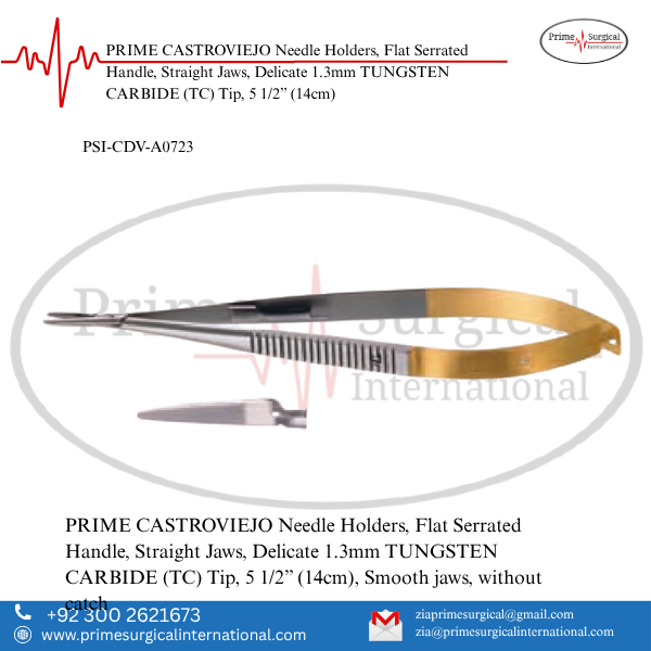 PRIME CASTROVIEJO Needle Holders, Flat Serrated Handle, Straight Jaws, Delicate 1.3mm TUNGSTEN CARBIDE (TC) Tip, 5 1/2” (14cm)