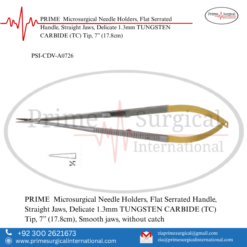 PRIME  Microsurgical Needle Holders, Flat Serrated Handle, Straight Jaws, Delicate 1.3mm TUNGSTEN CARBIDE (TC) Tip, 7” (17.8cm)