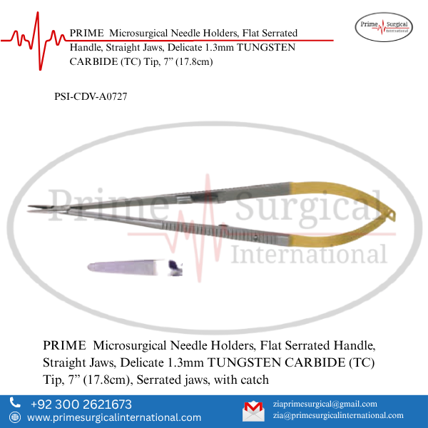 PRIME Microsurgical Needle Holders, Flat Serrated Handle, Straight Jaws, Delicate 1.3mm TUNGSTEN CARBIDE (TC) Tip, 7” (17.8cm)