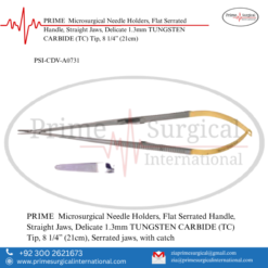PRIME  Microsurgical Needle Holders, Flat Serrated Handle, Straight Jaws, Delicate 1.3mm TUNGSTEN CARBIDE (TC) Tip, 8 1/4” (21cm)