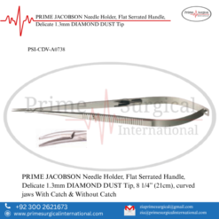 PRIME JACOBSON Needle Holder, Flat Serrated Handle, Delicate 1.3mm DIAMOND DUST Tip