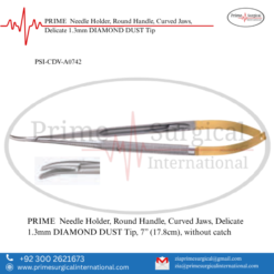 PRIME  Needle Holder, Round Handle, Curved Jaws, Delicate 1.3mm DIAMOND DUST Tip