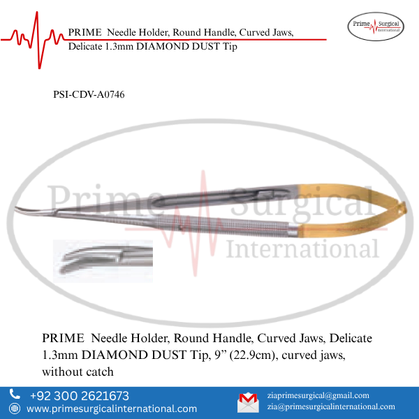 PRIME Needle Holder, Round Handle, Curved Jaws, Delicate 1.3mm DIAMOND DUST Tip