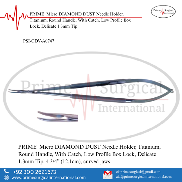 PRIME Micro DIAMOND DUST Needle Holder, Titanium, Round Handle, With Catch, Low Profile Box Lock, Delicate 1.3mm Tip