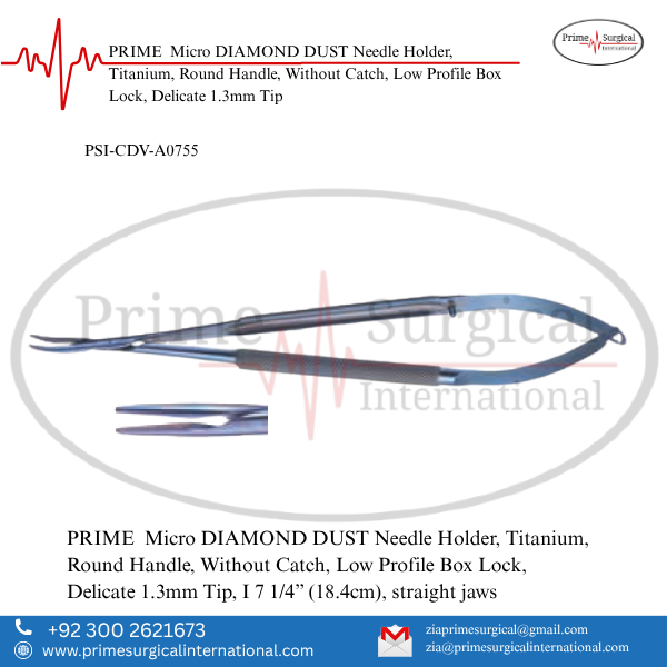 PRIME Micro DIAMOND DUST Needle Holder, Titanium, Round Handle, Without Catch, Low Profile Box Lock, Delicate 1.3mm Tip