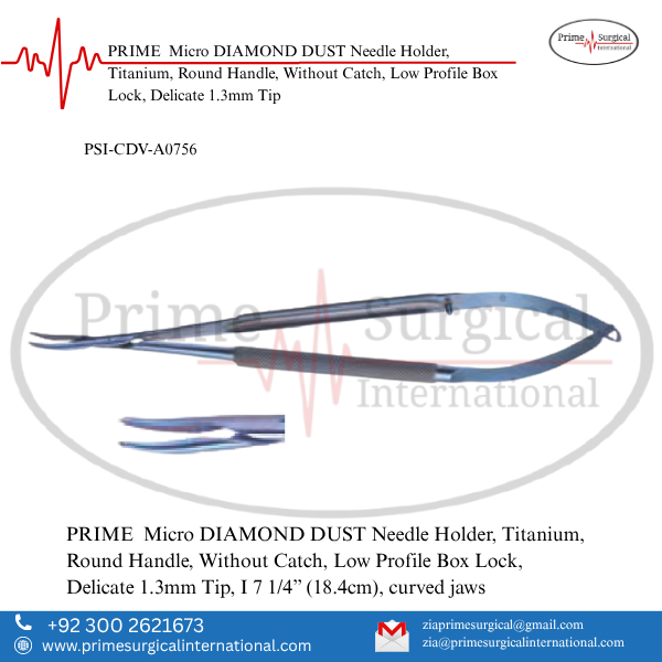 PRIME Micro DIAMOND DUST Needle Holder, Titanium, Round Handle, Without Catch, Low Profile Box Lock, Delicate 1.3mm Tip