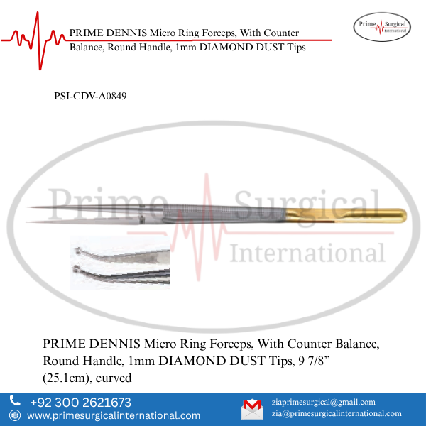 PRIME DENNIS Micro Ring Forceps, With Counter Balance, Round Handle, 1mm DIAMOND DUST Tips