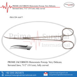 PRIME JACOBSON Hemostatic Forcep, Very Delicate, Serrated Jaws, 71/2” (19.1cm), fully curved