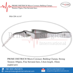 PRIME DIETRICH Micro-Coronary Bulldog Clamps, Strong Tension 180gms, Fine Serrated Jaws - TITANIUM