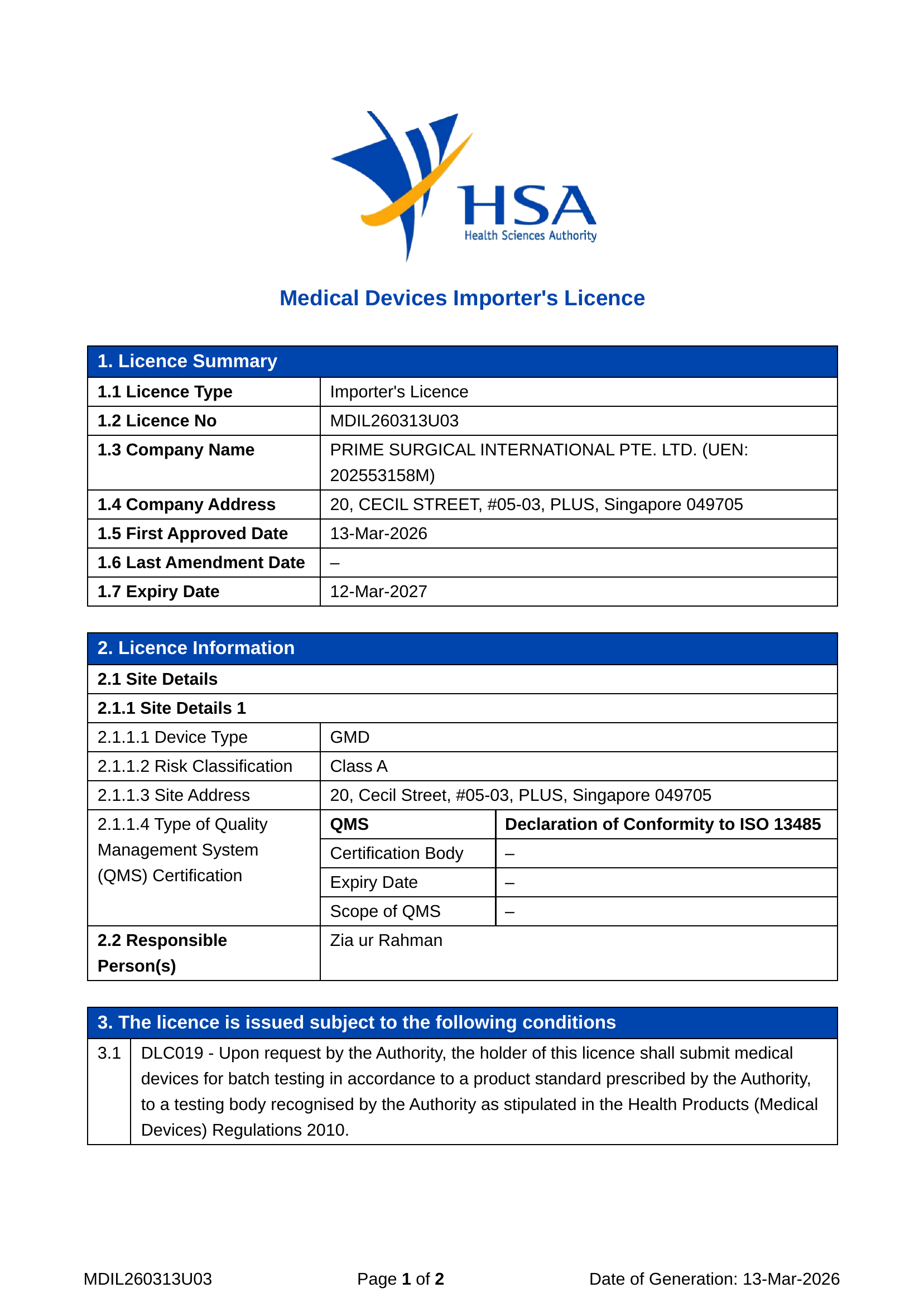 HSA Importer Licence