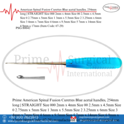PRIME American Spinal Fusion Curettes Blue acetal handles, 254mm long | STRAIGHT Size 000 2mm x 4mm Size 00 2.5mm x 4.5mm Size 0 2.75mm x 5mm Size 1 3mm x 5.5mm Size 2 3.25mm x 6mm Size 3 4mm x 7mm Size 4 6mm x 9.5mm Size 5 7mm x 14mm Size 6 9mm x 17mm