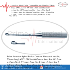 PRIME American Spinal Fusion Curettes Blue acetal handles, 254mm long | ANGLED Size 000 2mm x 4mm Size 00 2.5mm x 4.5mm Size 0 2.75mm x 5mm Size 1 3mm x 5.5mm Size 2 3.25mm x 6mm Size 3 4mm x 7mm Size 4 6mm x 9.5mm Size 5 7mm x 14mm Size 6 9mm x 17mm
